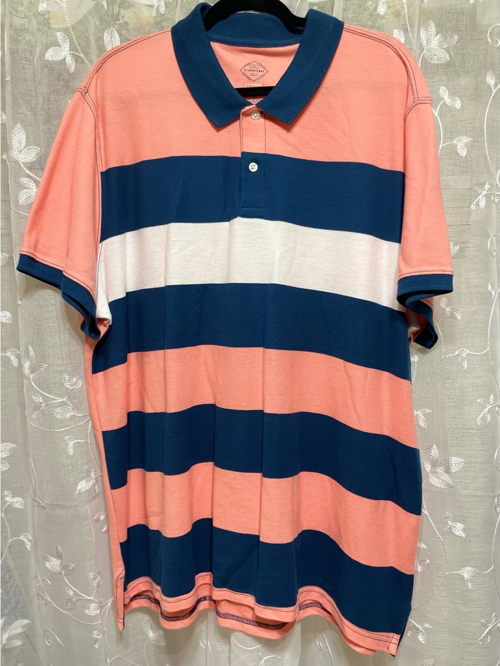 St. John's Bay Coral, Navy & White Striped Polo